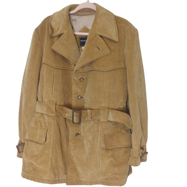 VTG 70s Towncraft Penneys Butterscotch Corduroy Belted That 70's Show Jacket Coat XL Faux Fur