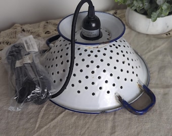 Vintage Enamel Colander Pendant Light Farmhouse Kitchen Lighting Rustic Upcycled