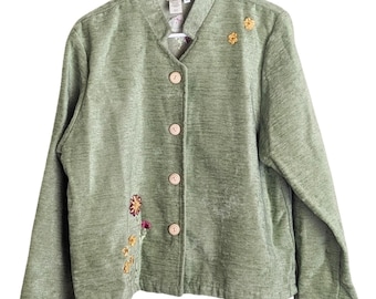 Chaqueta vintage de estilo cottagecore con botones y bordado de terciopelo para mujer, talla L