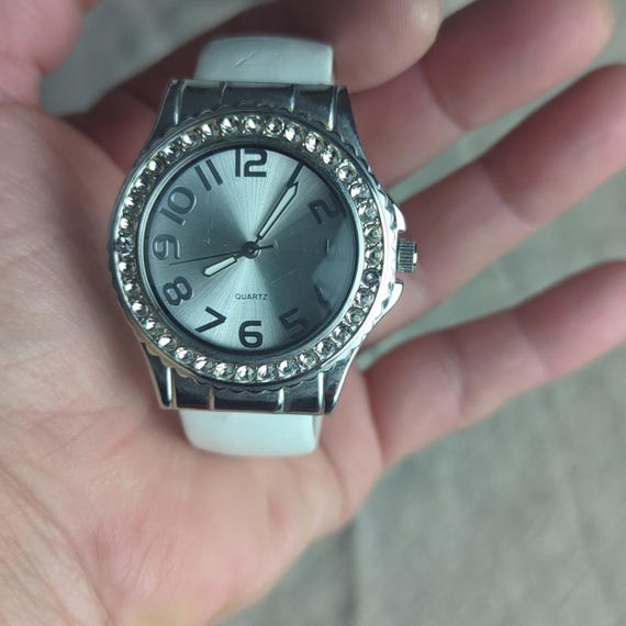 White Cuff Watch Rhinestone Bezel Statement Watch… - image 7