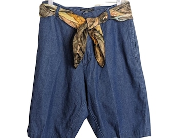 Highwaisted 100% Cotton Shorts, Thigh Length Scarf Belt Women's Size Medium