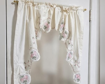 Vintage Cottage Chic Embroidered Valance Pair Romantic Floral Curtain 2 Panels