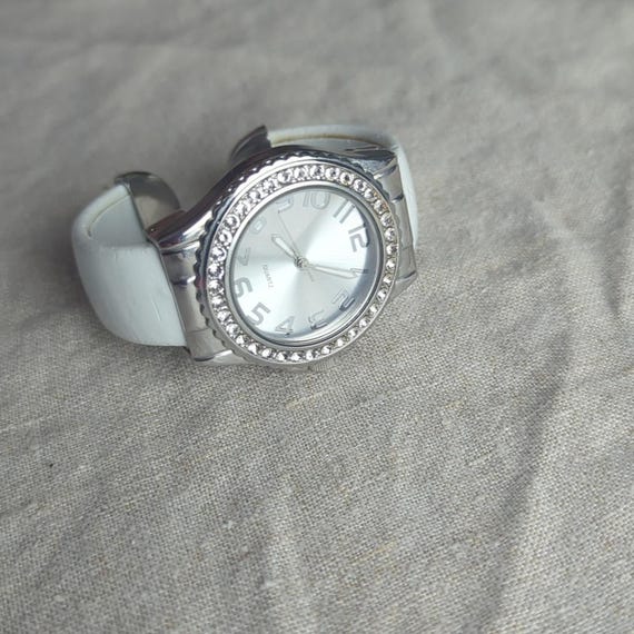 White Cuff Watch Rhinestone Bezel Statement Watch… - image 3