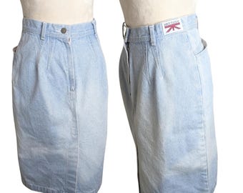 Falda tubo plisada de mezclilla con lavado claro y desteñido vintage de los años 80 para mujer, talla 9/10*