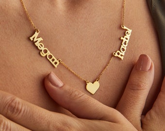 Twee naam gouden ketting met hart, paren naam ketting, gepersonaliseerde familienaam sieraden, aangepaste naam ketting, Moederdag cadeaus voor haar