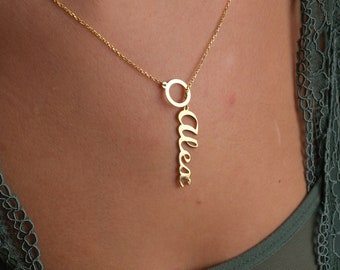 14K Solid Gold Name Necklace, Vertical Name Necklace, Custom Name Jewelry, Gold Disc Necklace, Mothers Day Gifts For Grandma, Gift For Her