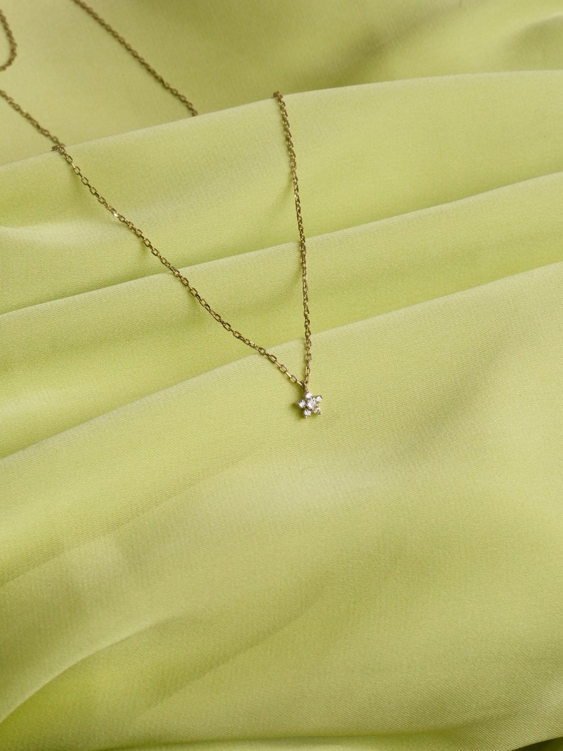 14K Solid Gold Star Necklace, Diamond Stone Star Necklace, Dainty
