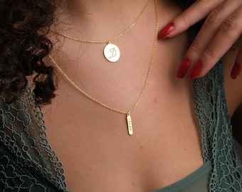 Custom Date And Letter Necklace, Anniversary Date Necklace, Handmade Jewelry, Gold Bar And Disc Initial Necklace, Mothers Day Gifts For Her