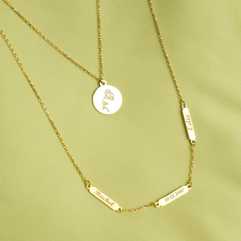 14K Gold Multi Name And Date Necklace, Personalized Disc Birth Month Flower, Date And Bar Name Engraved Necklace, Mothers Day Gifts For Her, Daughter Sister Mother Grandma Lover Girlfriend Aunt Cousin Wife Girl Grandmother Woman Female Gifts