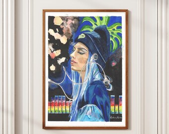 Cosmic DJ Girl - Original Watercolor A4 & Art Print Option - Futuristic Music Portrait