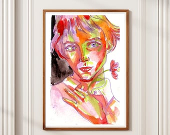 Red Flower Art Print – Portrait of a Woman with a Flower | Feminine Art in Orange Green Lilac | Deep and Serene Expression