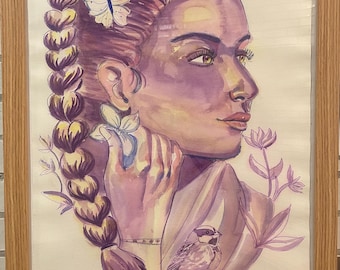 Mexican Heart Braid - Original Watercolor Art - 40x60 cm Canvas - Floral Girl with Butterfly, Sparrow & l Rebozo - Mexican Heritage