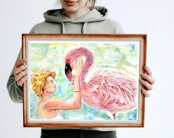 Original Watercolor - Marilyn and Pink Flamingo - Art on Canson Paper