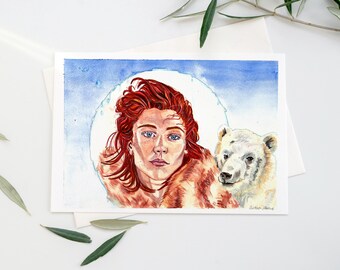 Watercolor Painting - Polar Bear and Readhead Nomad Girl - Arctic Fantasy Art – Original & Fine Art Print | Iceberg, A4 Landscape, Winter