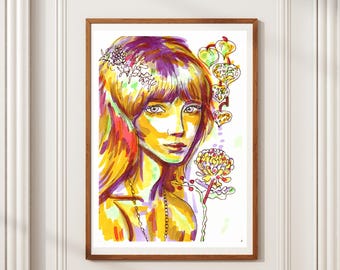 Golden Lady - A4 Art Print on 300g Cold Pressed Watercolor Paper - Autumn Floral Portrait