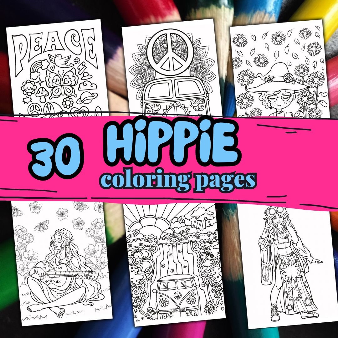30 HIPPIE Coloring Pages. HIPPIE Coloring Book for Kid. Printable ...