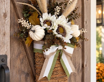 Sunflower Hanging Basket, Neutral Farmhouse Fall Door Decor, Autumn Wreath Alternative