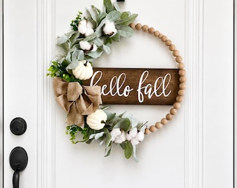 Fall Wood Bead Wreath, Hello Fall or Welcome, Farmhouse Cotton Pumpkin Door Decor