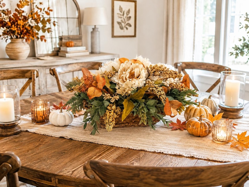 May include: A centerpiece arrangement featuring cream-colored peonies, golden yellow foliage, and green leaves housed in a woven basket. The display is surrounded by small white and orange pumpkins, scattered autumn leaves, and glass candle holders.