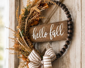 Hello Fall Front Door Wreath, Farmhouse Autumn Door Decor, Rustic Wood Bead Wreath with Bow