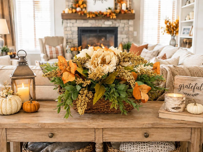May include: A rectangular woven basket filled with artificial cream-colored peonies, orange leaves, and golden-yellow sprigs. The arrangement sits on a wooden table alongside a metal lantern, two small pumpkins, a birch-style candle, and a sign reading grateful.