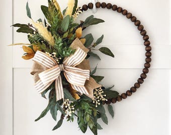 16 Inch Wood Bead Wreath, Neutral Fall Farmhouse Door Decor, Autumn Greenery Burlap Bow