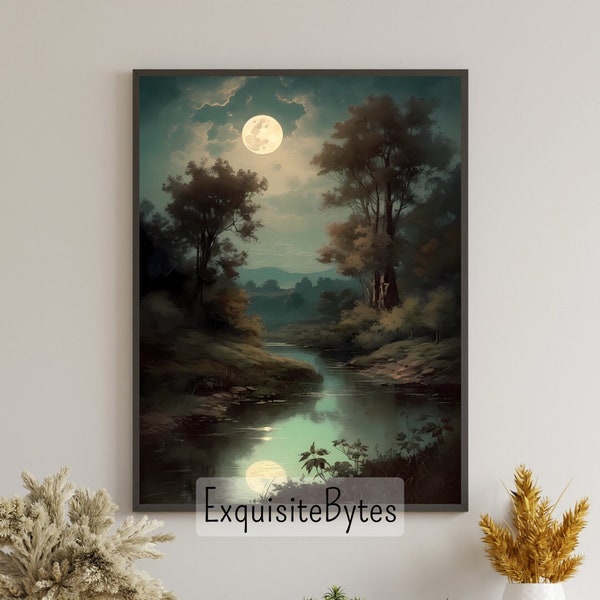 Vintage Moonlit River Painting, Calm Muted Body of Water, Nature Home Decor, Digital Art Print, Night River #5