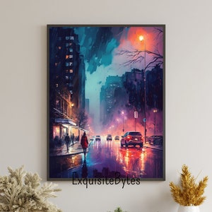 City Night Watercolor Painting, Colorful Lightscape at Night, Modern Home Decor, Printable Wall Art, City Night #12