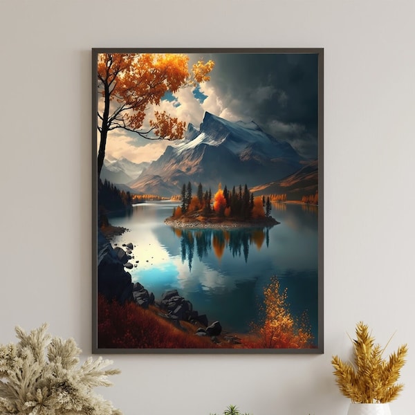 Autumn Landscape Painting, Serene Fall Foliage Scene, Wall Decor, Printable Wall Art, Autumn Landscape #6