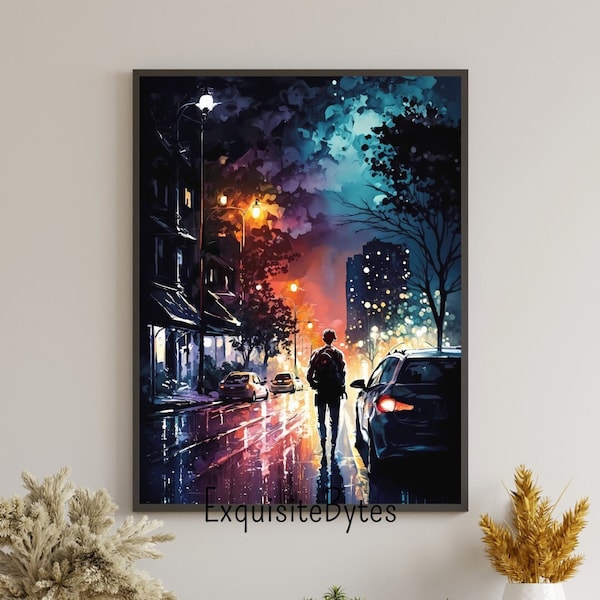 City Night Watercolor Painting, Colorful Lightscape at Night, Modern Home Decor, Printable Wall Art, City Night #14