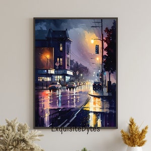 City Night Watercolor Painting, Colorful Lightscape at Night, Modern Home Decor, Printable Wall Art, City Night #8