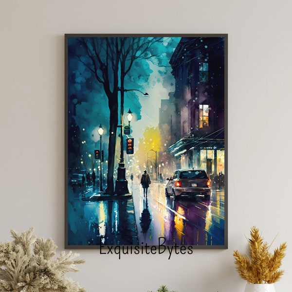 City Night Watercolor Painting, Colorful Lightscape at Night, Modern Home Decor, Printable Wall Art, City Night #15