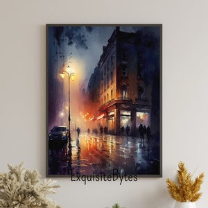 City Night Watercolor Painting, Colorful Lightscape at Night, Modern Home Decor, Printable Wall Art, City Night #4