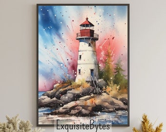 Lighthouse Landscape Watercolor Painting, Coastal Decor, Printable Art, Gift, Airbnb Home Poster, Illustration Book, Wallpaper #19