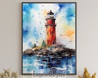 Lighthouse Landscape Watercolor Painting, Coastal Decor, Printable Art, Gift, Airbnb Home Poster, Illustration Book, Wallpaper #22
