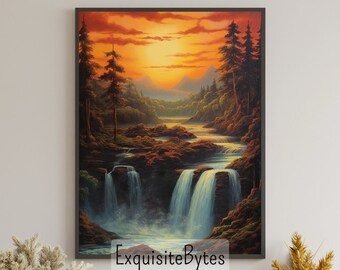 Vintage Waterfall Landscape Painting, Vacation Home Decor, Printable Art, Gift, Airbnb Home Poster, Illustration Book, Wallpaper #10