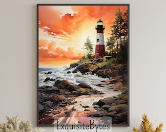 Lighthouse Landscape Watercolor Painting, Coastal Decor, Printable Art, Gift, Airbnb Home Poster, Illustration Book, Wallpaper #18