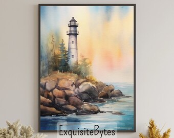 Lighthouse Landscape Watercolor Painting, Coastal Decor, Printable Art, Gift, Airbnb Home Poster, Illustration Book, Wallpaper #13