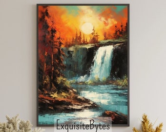 Vintage Waterfall Landscape Painting, Vacation Home Decor, Printable Art, Gift, Airbnb Home Poster, Illustration Book, Wallpaper #3