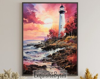 Lighthouse Landscape Watercolor Painting, Coastal Decor, Printable Art, Gift, Airbnb Home Poster, Illustration Book, Wallpaper #10