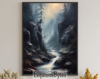 Vintage Waterfall Landscape Painting, Vacation Home Decor, Printable Art, Gift, Airbnb Home Poster, Illustration Book, Wallpaper #5