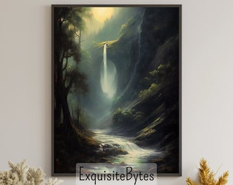 Vintage Waterfall Landscape Painting, Vacation Home Decor, Printable Art, Gift, Airbnb Home Poster, Illustration Book, Wallpaper #7