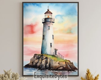 Lighthouse Landscape Watercolor Painting, Coastal Decor, Printable Art, Gift, Airbnb Home Poster, Illustration Book, Wallpaper #11