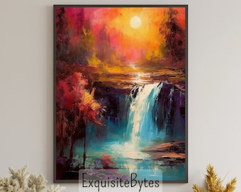 Vintage Waterfall Landscape Painting, Vacation Home Decor, Printable Art, Gift, Airbnb Home Poster, Illustration Book, Wallpaper #1