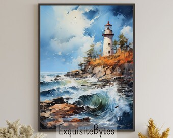 Lighthouse Landscape Watercolor Painting, Coastal Decor, Printable Art, Gift, Airbnb Home Poster, Illustration Book, Wallpaper #6