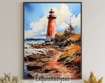 Lighthouse Landscape Watercolor Painting, Coastal Decor, Printable Art, Gift, Airbnb Home Poster, Illustration Book, Wallpaper #15