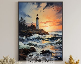 Lighthouse Landscape Watercolor Painting, Coastal Decor, Printable Art, Gift, Airbnb Home Poster, Illustration Book, Wallpaper #7