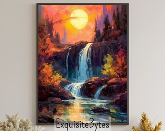 Vintage Waterfall Landscape Painting, Vacation Home Decor, Printable Art, Gift, Airbnb Home Poster, Illustration Book, Wallpaper #2