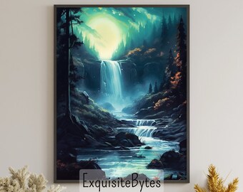 Vintage Waterfall Landscape Painting, Vacation Home Decor, Printable Art, Gift, Airbnb Home Poster, Illustration Book, Wallpaper #6