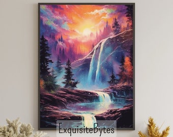 Vintage Waterfall Landscape Painting, Vacation Home Decor, Printable Art, Gift, Airbnb Home Poster, Illustration Book, Wallpaper #4